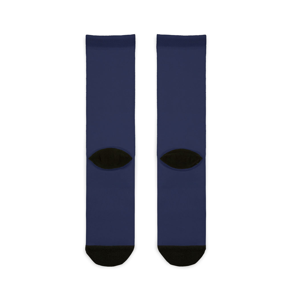 Navy Sublimation Crew Socks with White Logo — Athletic Reebok-Style Design