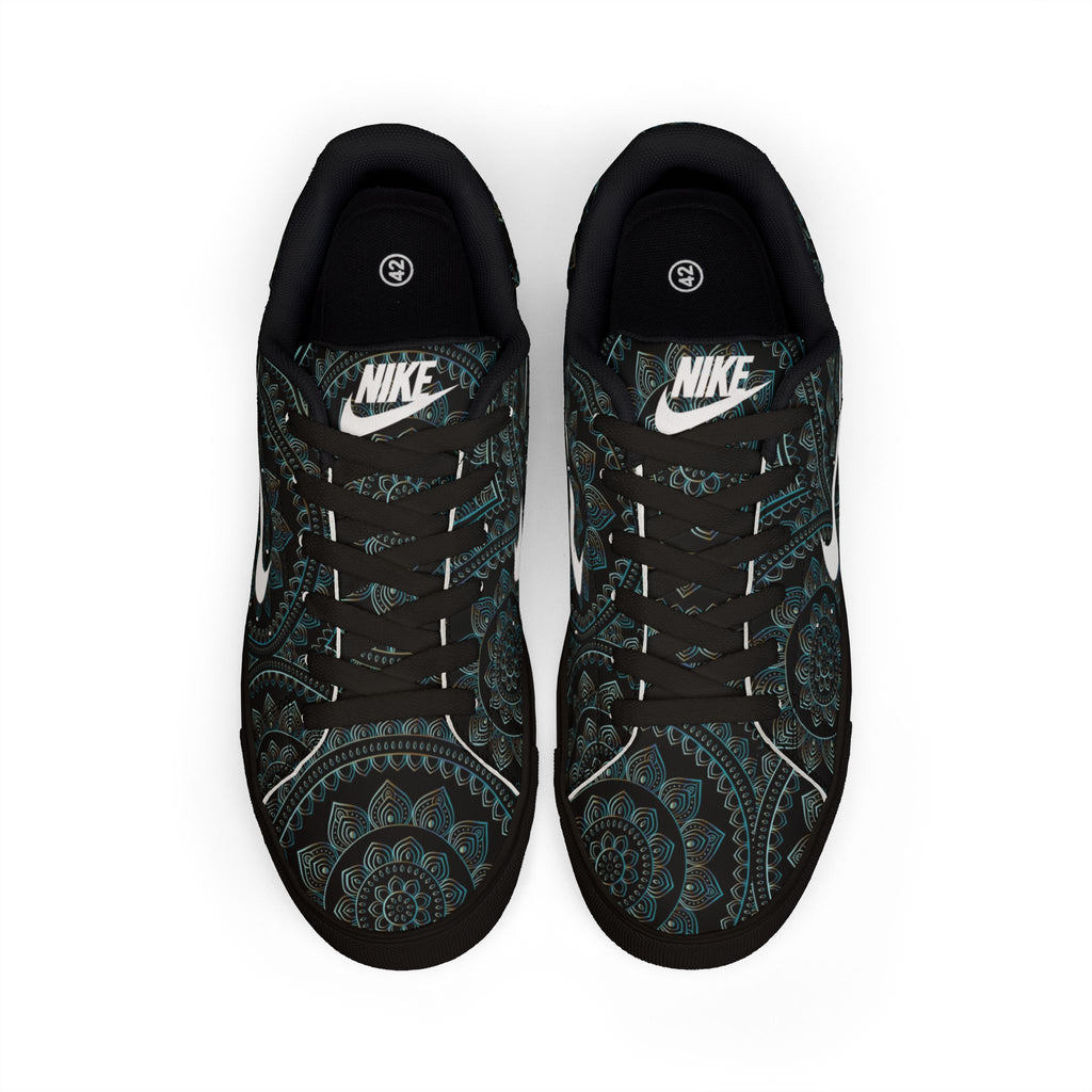 Low-Top Sneakers — Dark Teal Mandala Leather Casual Shoes