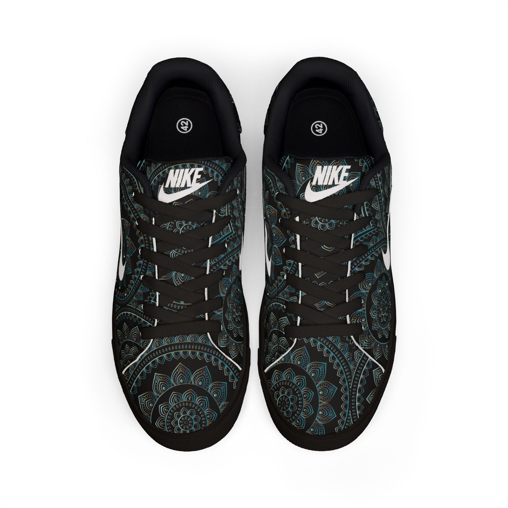 Low-Top Sneakers — Dark Teal Mandala Leather Casual Shoes