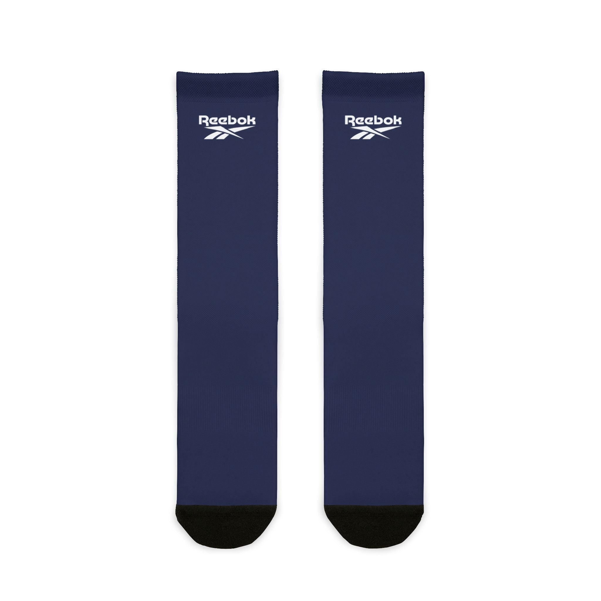 Navy Sublimation Crew Socks with White Logo — Athletic Reebok-Style Design