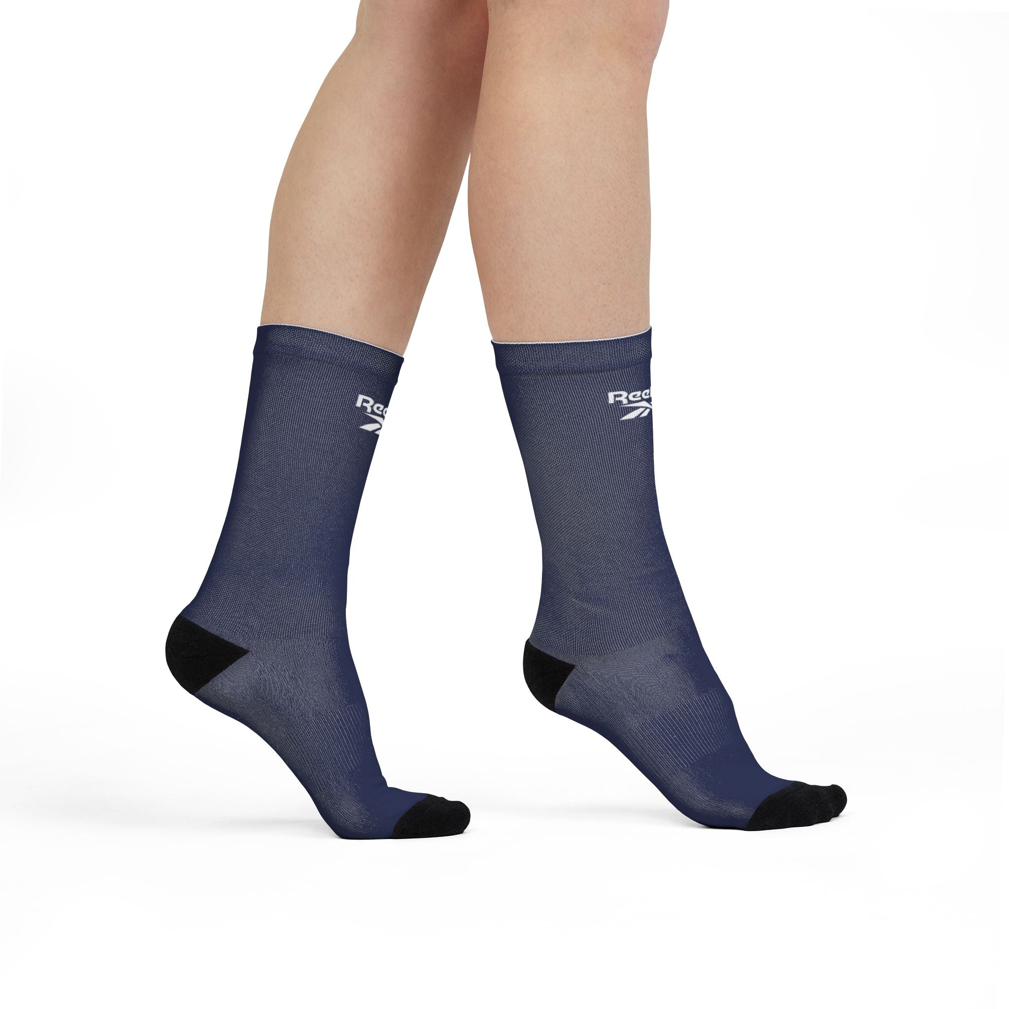 Navy Sublimation Crew Socks with White Logo — Athletic Reebok-Style Design