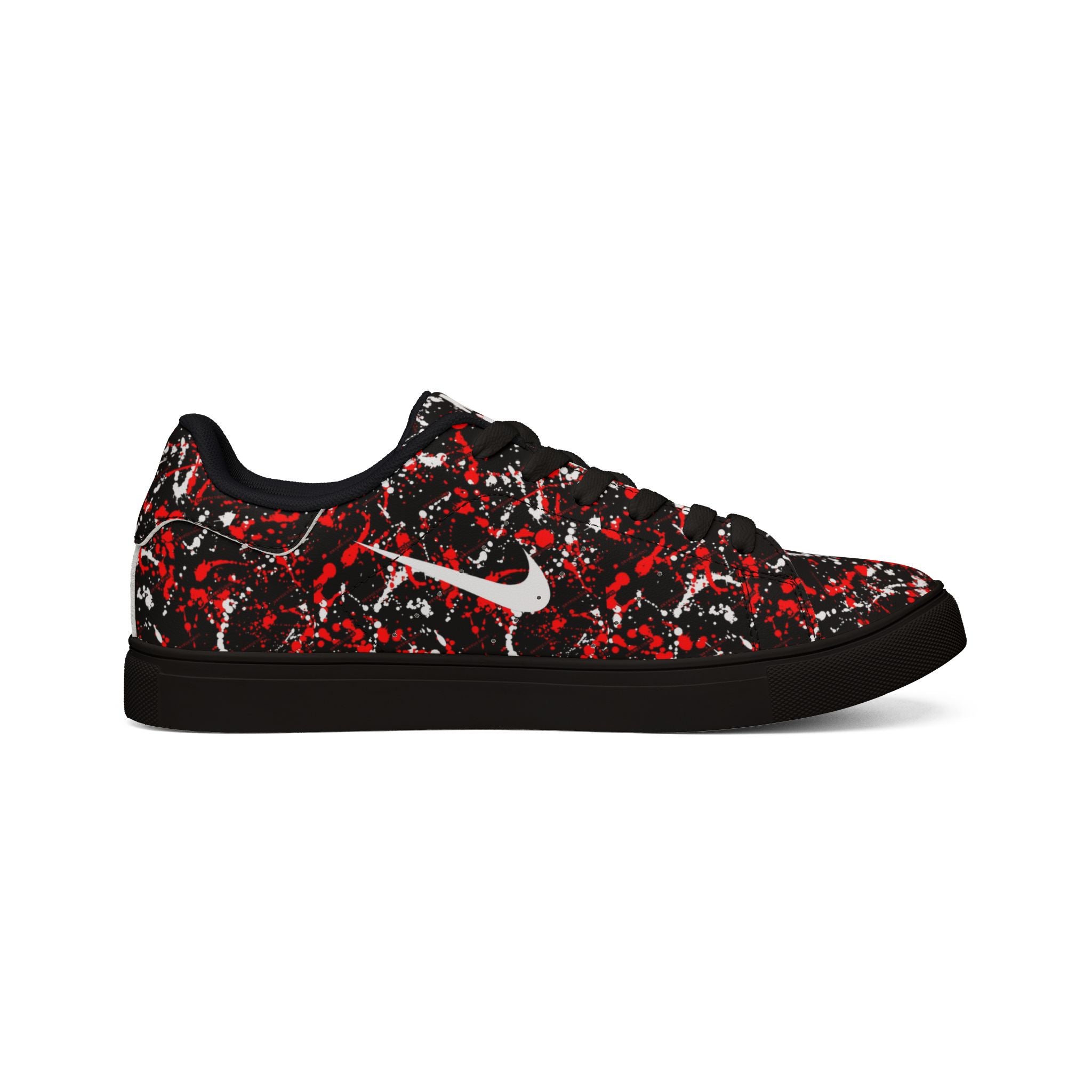 Bold Red & Black Paint-Splash Sneakers — Streetwear Low-Top Leather