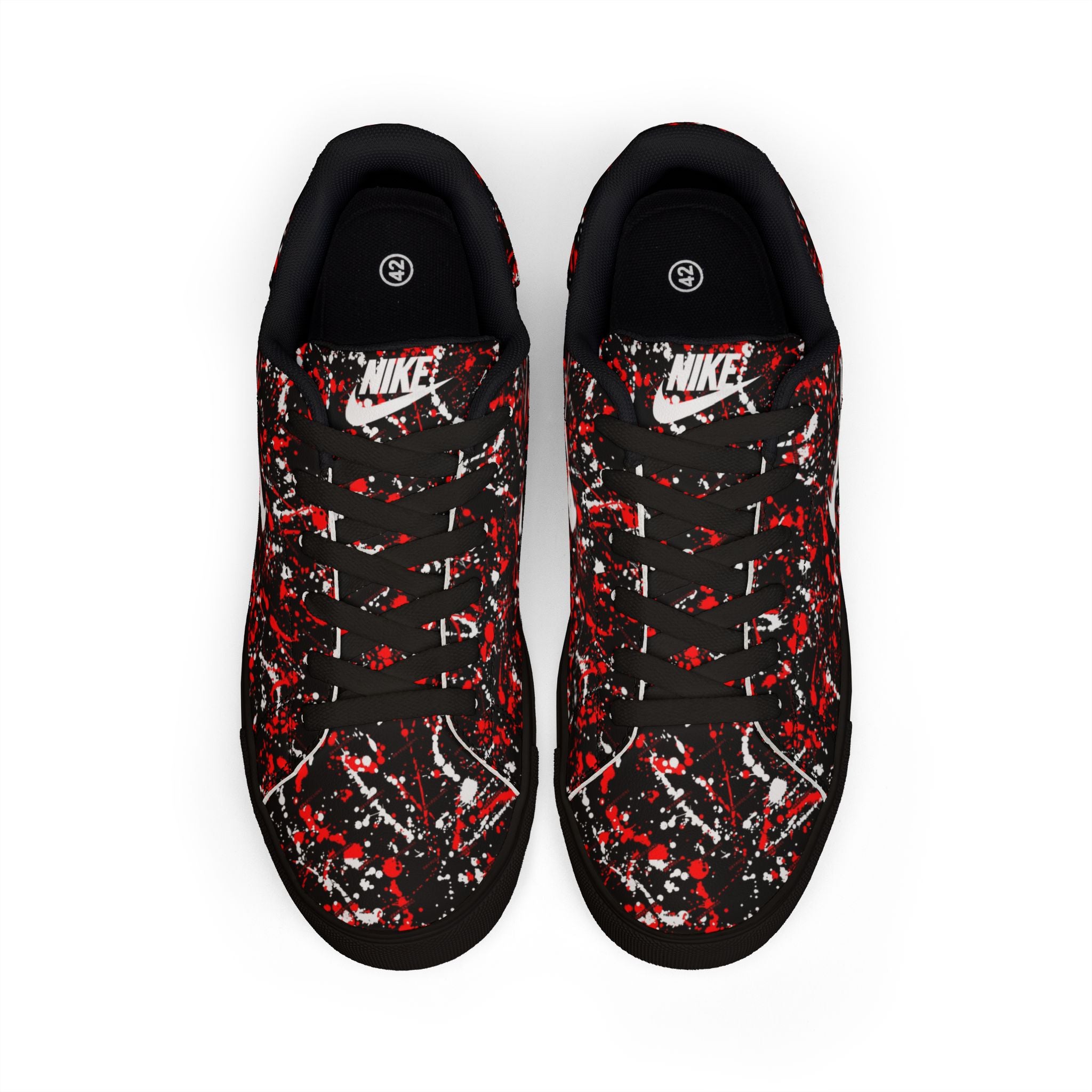 Bold Red & Black Paint-Splash Sneakers — Streetwear Low-Top Leather
