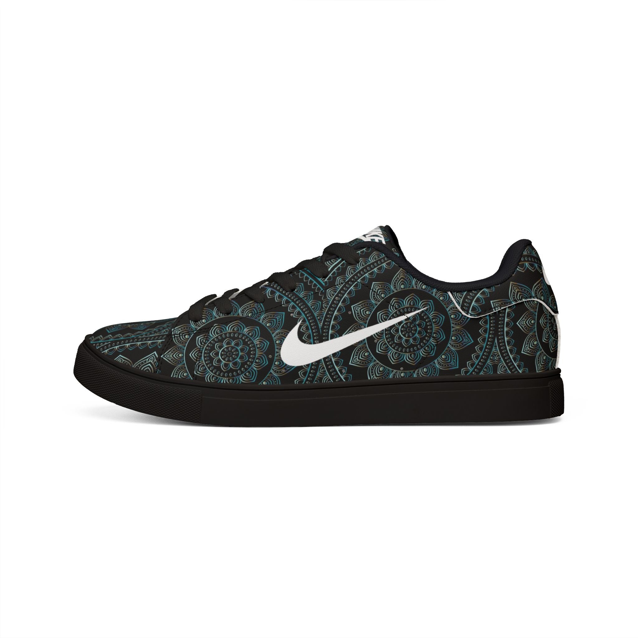 Low-Top Sneakers — Dark Teal Mandala Leather Casual Shoes