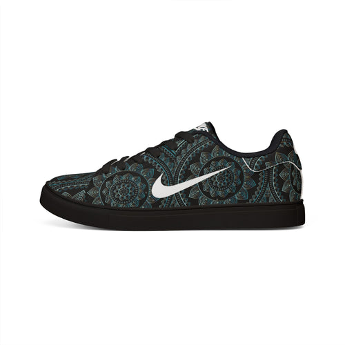Low-Top Sneakers — Dark Teal Mandala Leather Casual Shoes